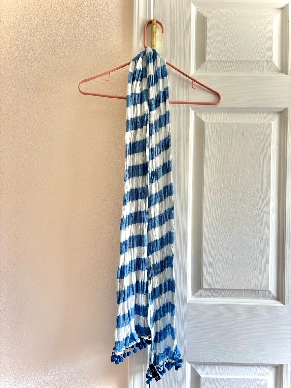 Gap Striped Gauze Cotton Lightweight Boho Scarf Blue Pom-Trim Scarf One Size